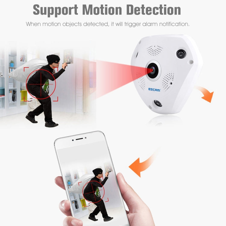 ESCAM Shark QP180 960P 360 Degrees Fisheye Lens 1.3MP WiFi IP Camera, Support Motion Detection / Night Vision, IR Distance: 10m, QP180 ESCAM Shark QP180 960P 360 Degrees Fisheye Lens 1.3MP WiFi IP Camera, Support Motion Detection / Night Vision, IR Distance: 10m, QP180